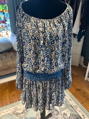 Olivaceous Navy and White Floral Smocked-Waist Peasant Dress